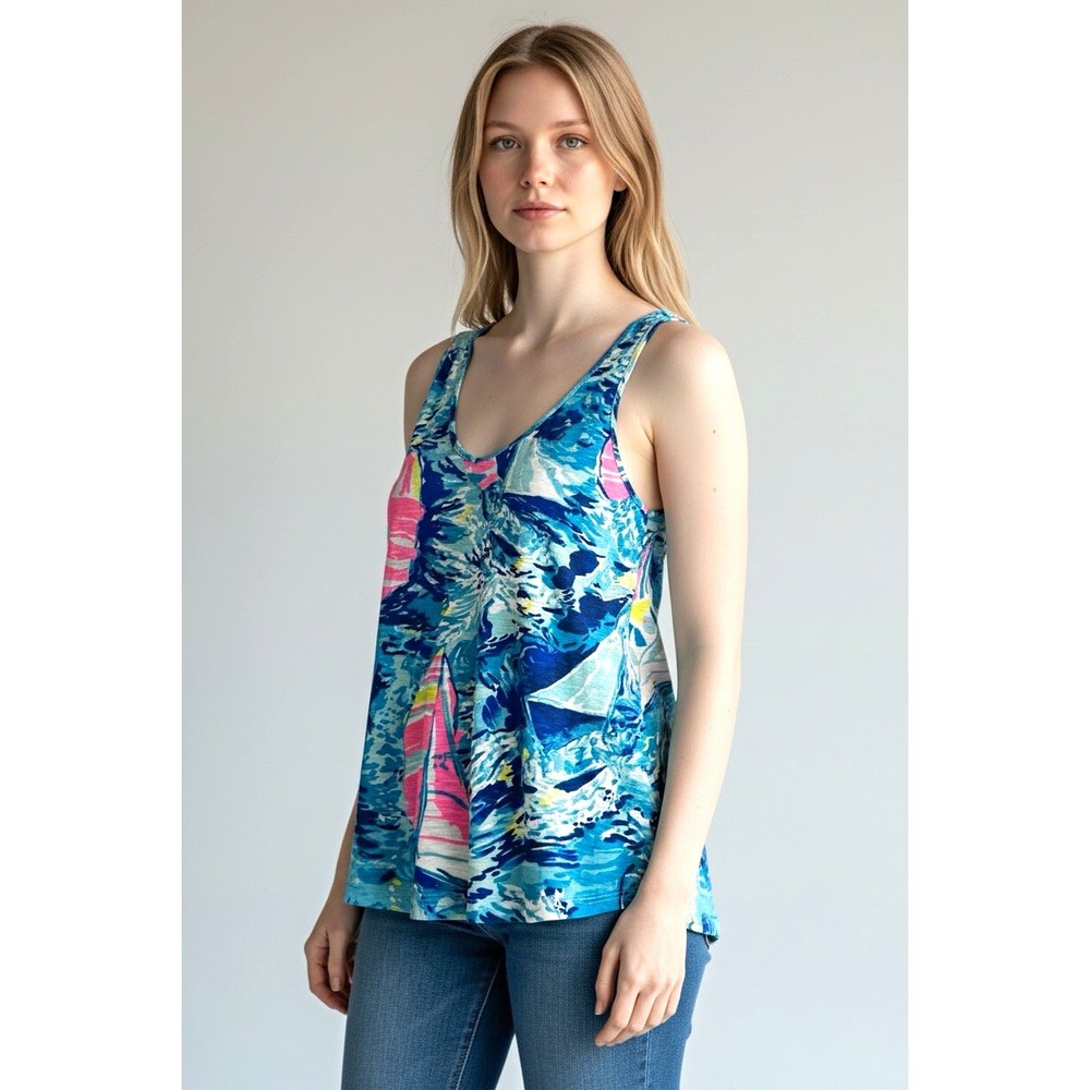 Lilly Pulitzer Women's V-Neck Sleeveless Abstract Tank Top Blue Pink White S